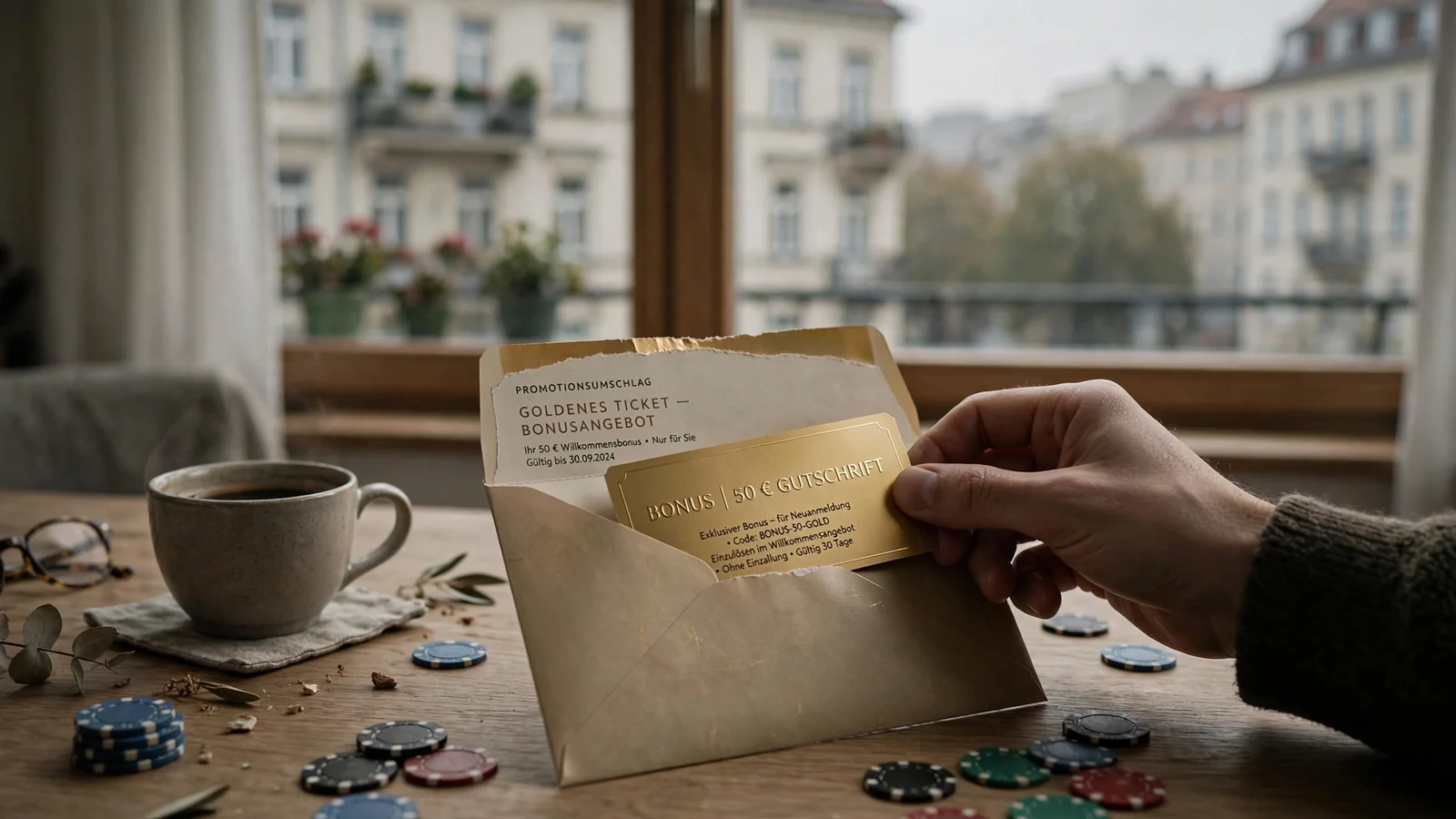 Goldene Bonuskarte und Casino-Chips auf einem Schreibtisch in einer Berliner Wohnung