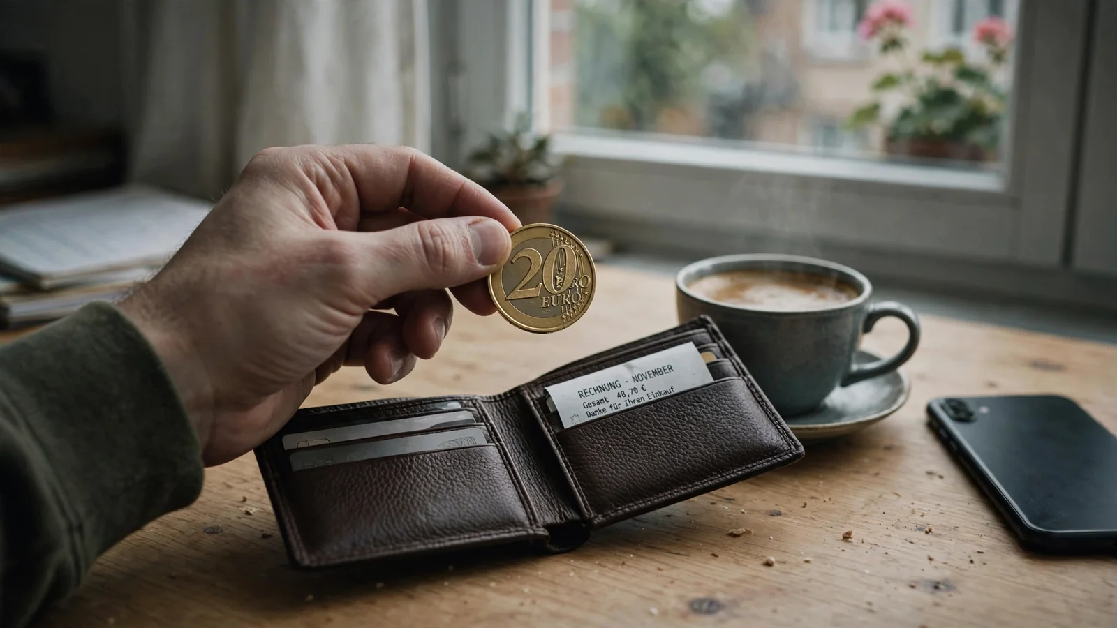Hand mit goldener 20-Euro-Münze über offenem Portemonnaie auf Holztisch.