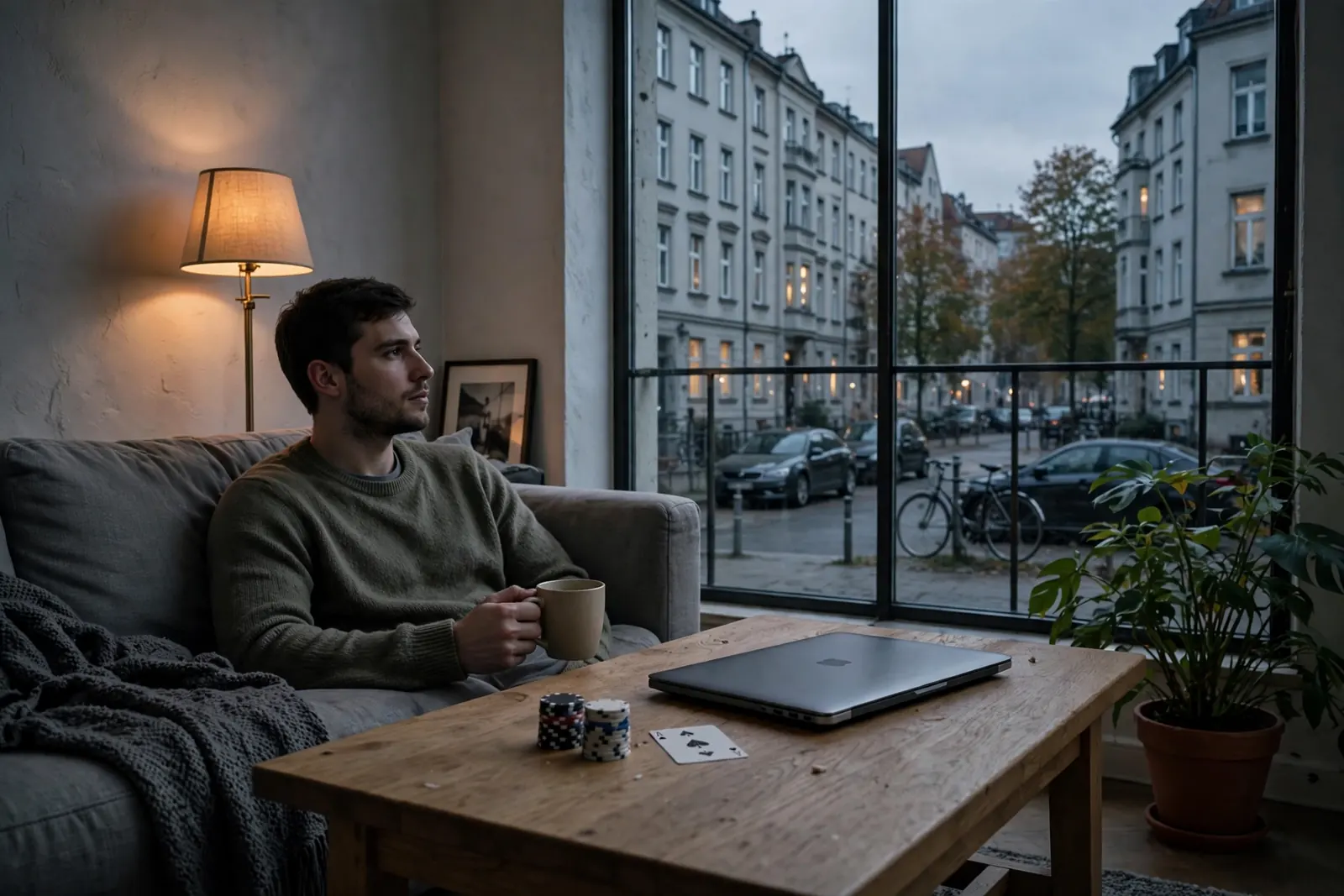 Junger Mann auf Sofa mit Laptop und Poker-Chips in modernem Wohnzimmer