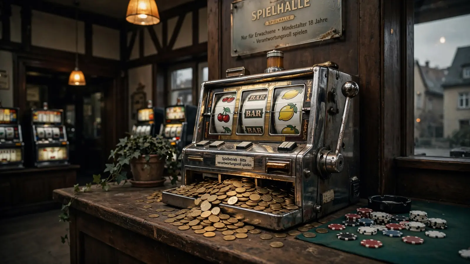Klassischer Spielautomat mit Goldmünzen in einer deutschen Spielhalle