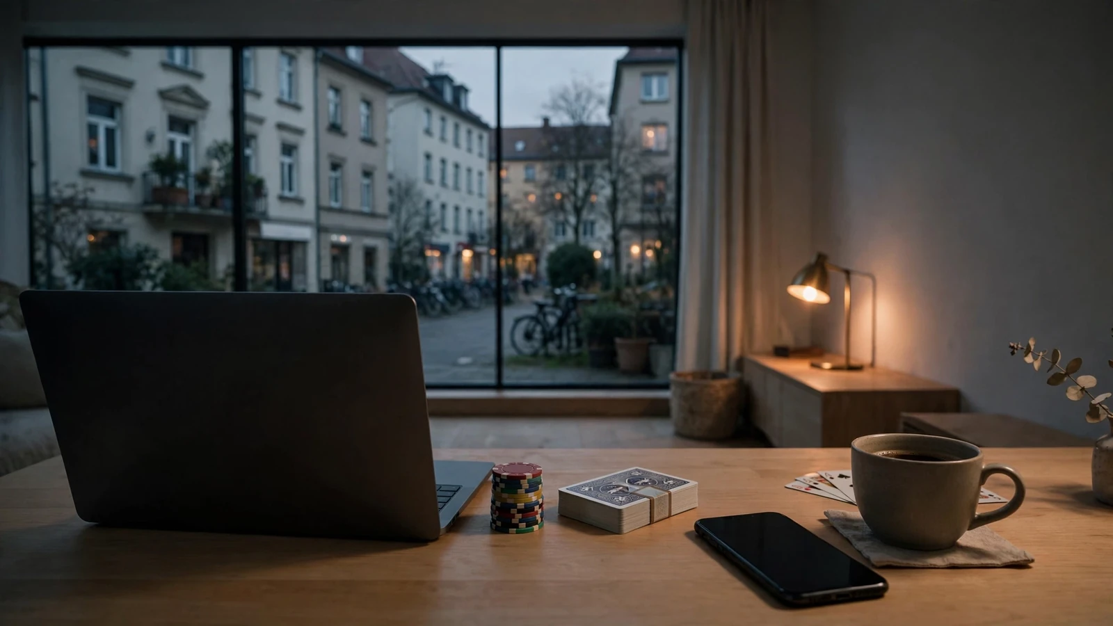 Abendlicher Schreibtisch mit Laptop, Pokerchips und Spielkarten in moderner Wohnung