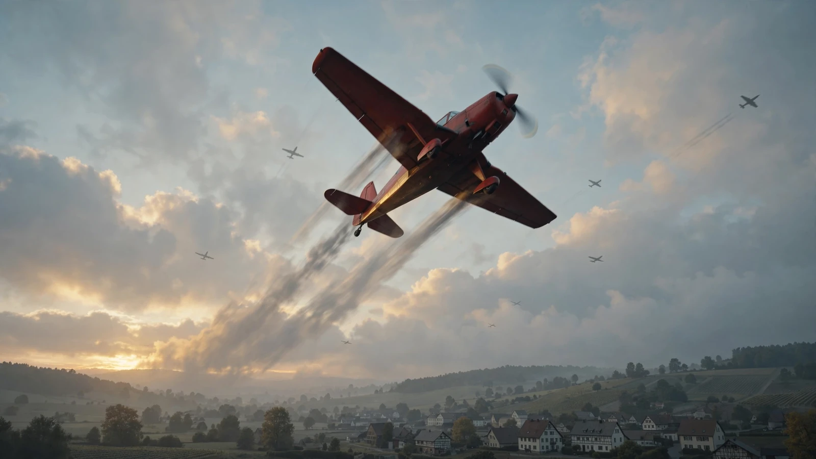 Stilisiertes rotes Flugzeug steigt durch Wolken bei Sonnenaufgang auf.