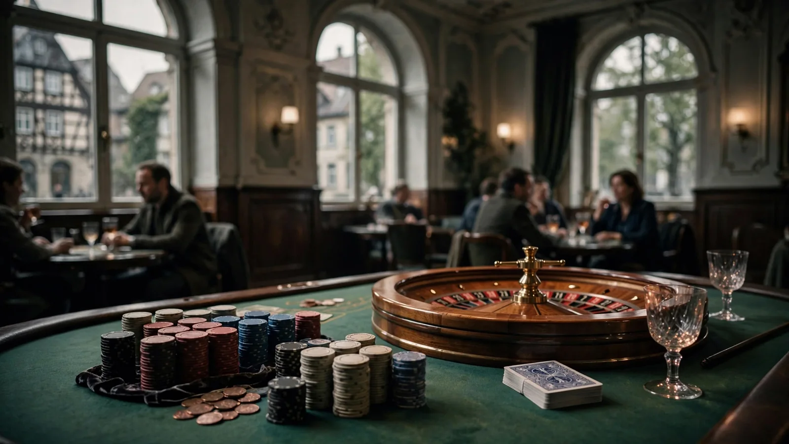 Stimmungsvolles Casino-Setting mit Roulette, Chips und Spielkarten auf grünem Filz in elegantem deutschem Spielsaal.