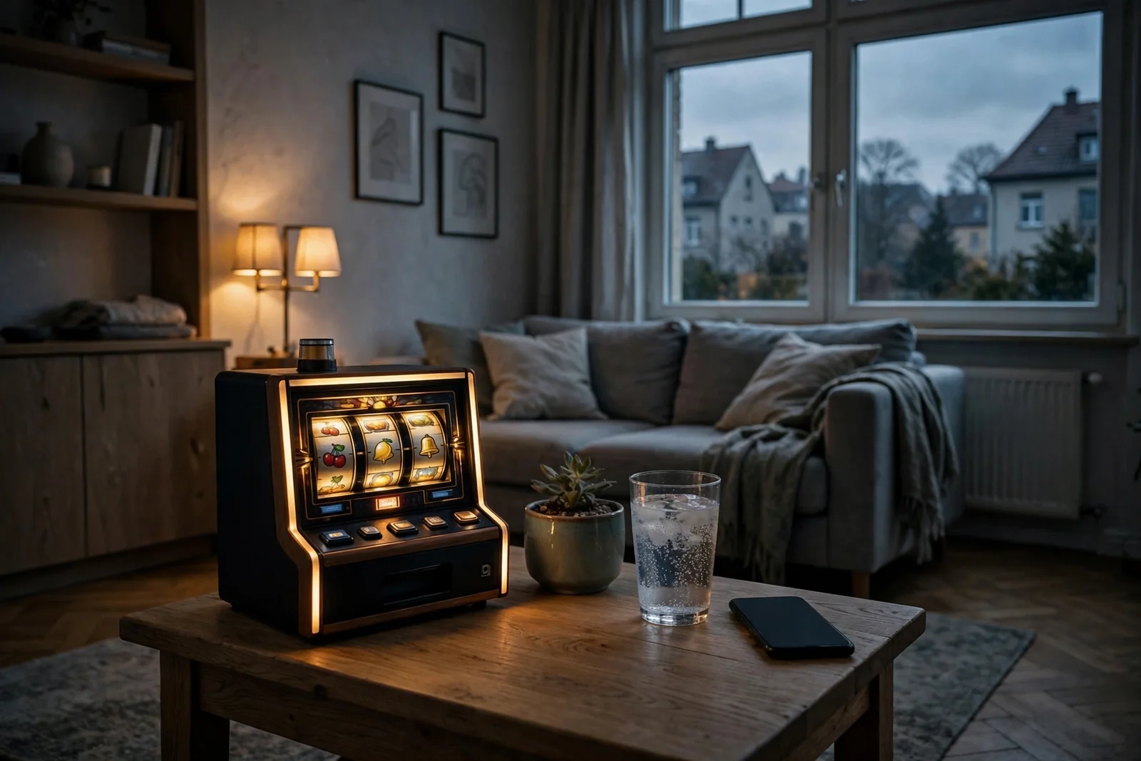 Abendliches Wohnzimmer, Spielautomat auf Beistelltisch mit warmem Licht