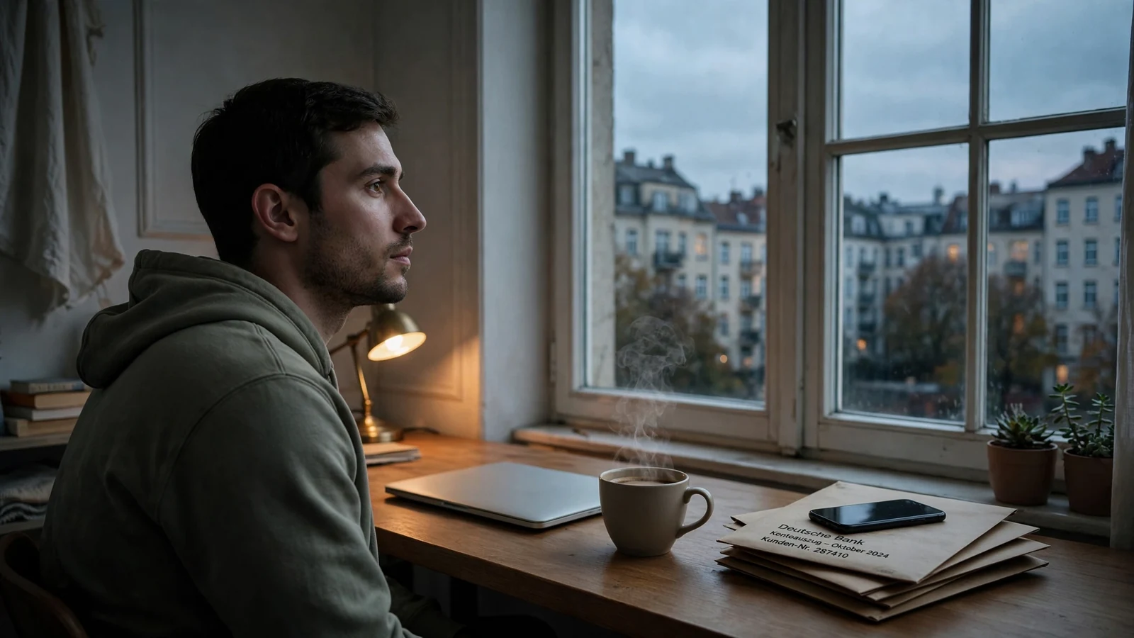 Abendliche Szene in einer Berliner Wohnung mit Laptop und Bankumschlägen am Schreibtisch.
