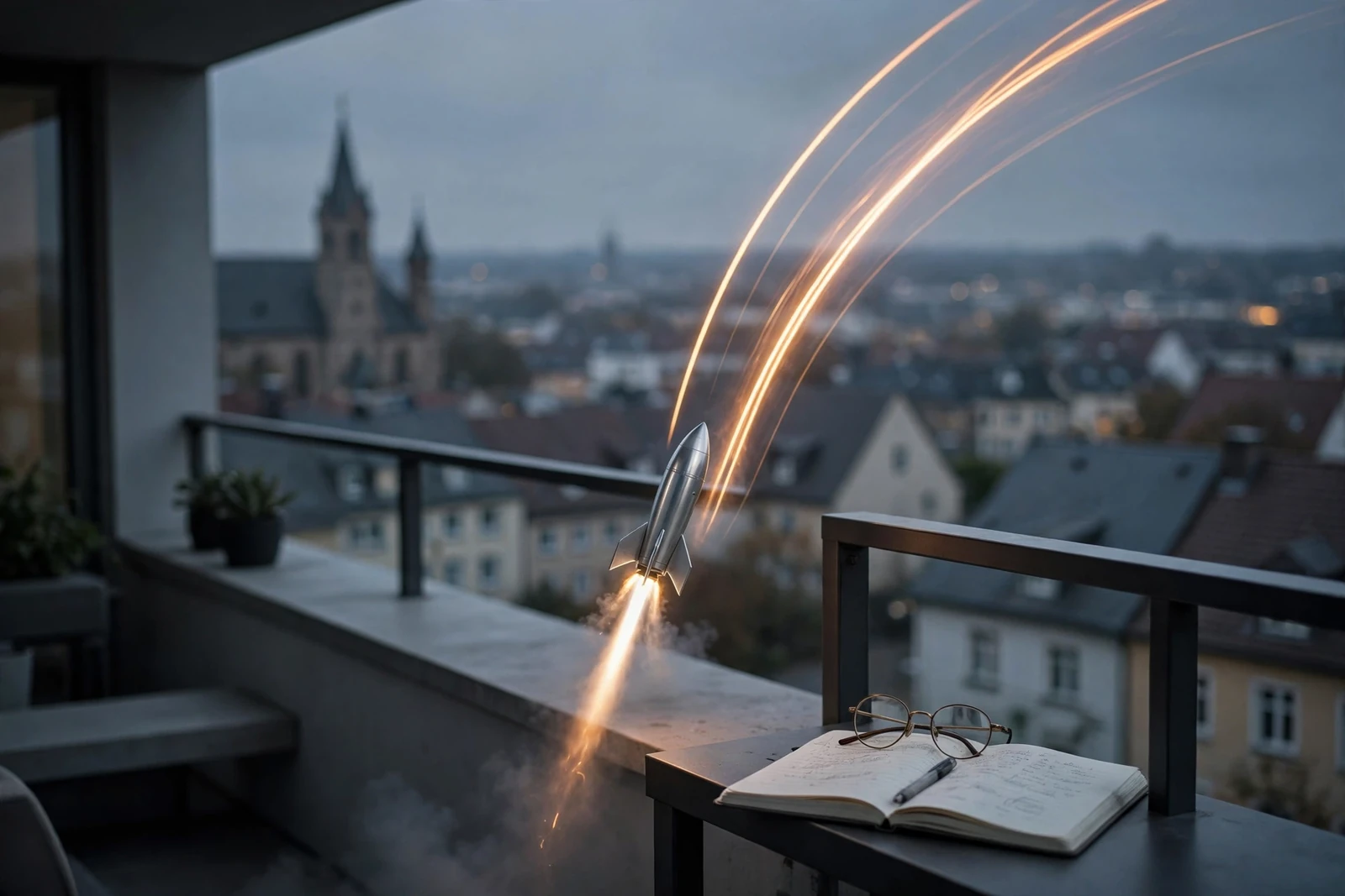 Modellrakete startet bei Dämmerung vom Balkon einer deutschen Wohnung, Stadtansicht im Hintergrund