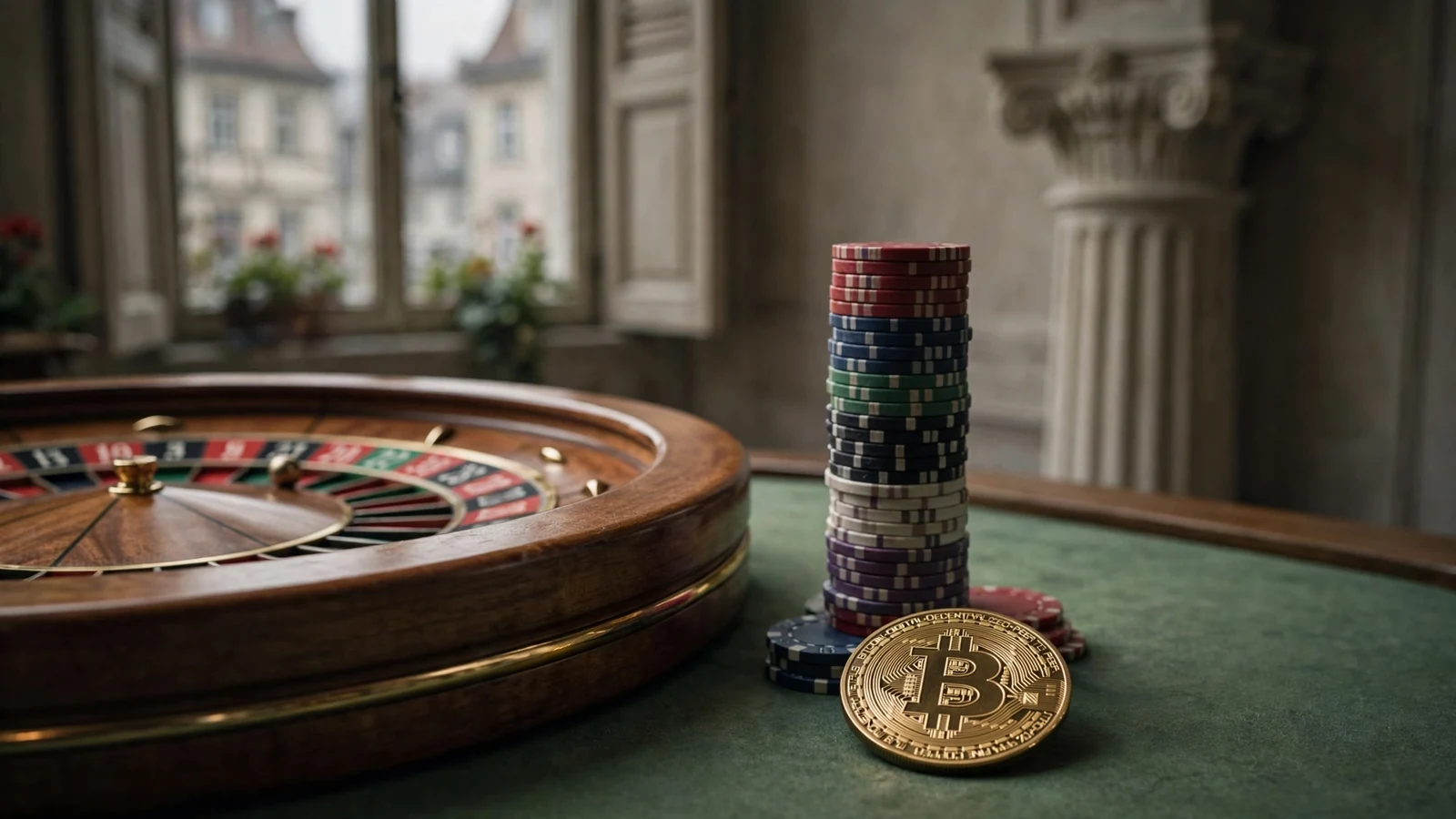 Roulette-Tisch mit Spielchips und einer goldenen Bitcoin-Münze vor klassischer Säule.