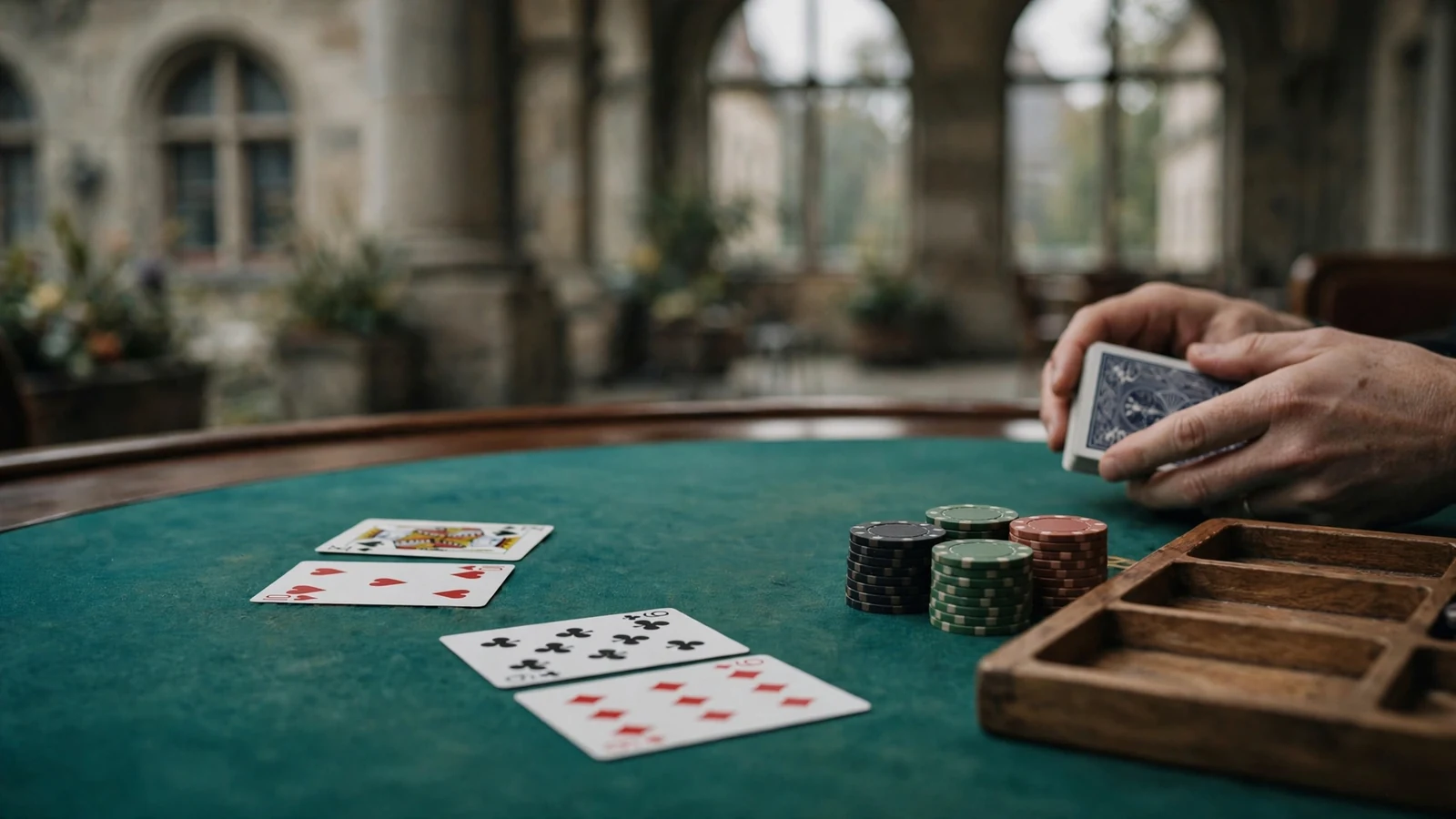 Live-Blackjack-Tisch im Studio mit ausgeteilten Karten, Chips und deutscher Architektur im Hintergrund