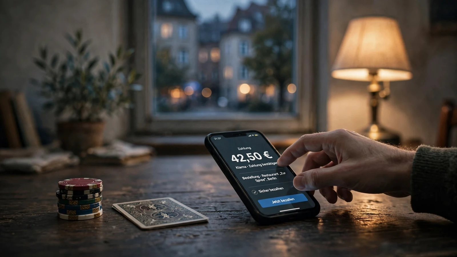 Smartphone auf einem Tisch mit Casino-Chips und einer verdeckten Spielkarte, warme Lampenbeleuchtung.