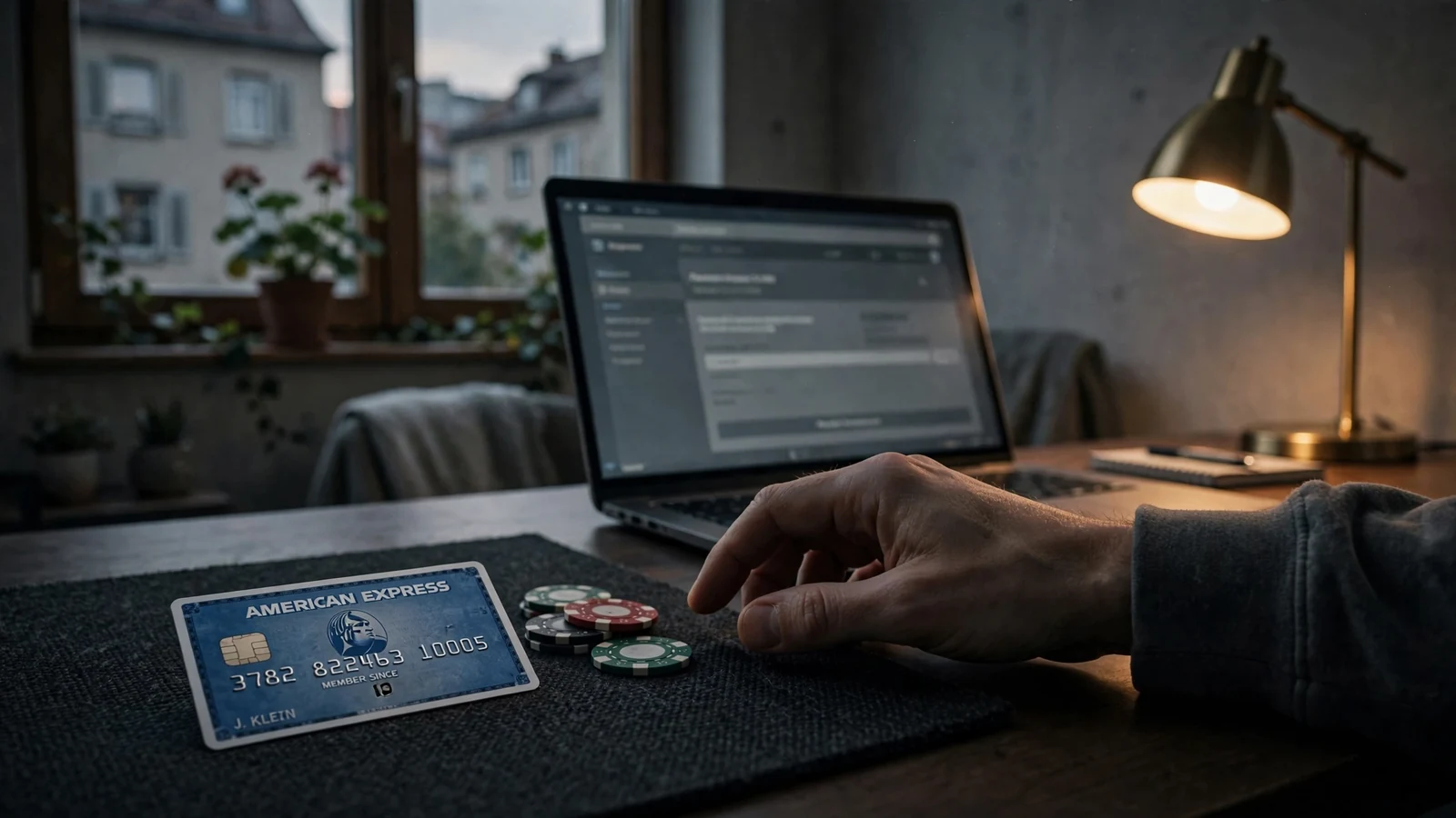 American-Express-Kreditkarte neben Casino-Spielchips und einem Laptop auf einem Tisch.