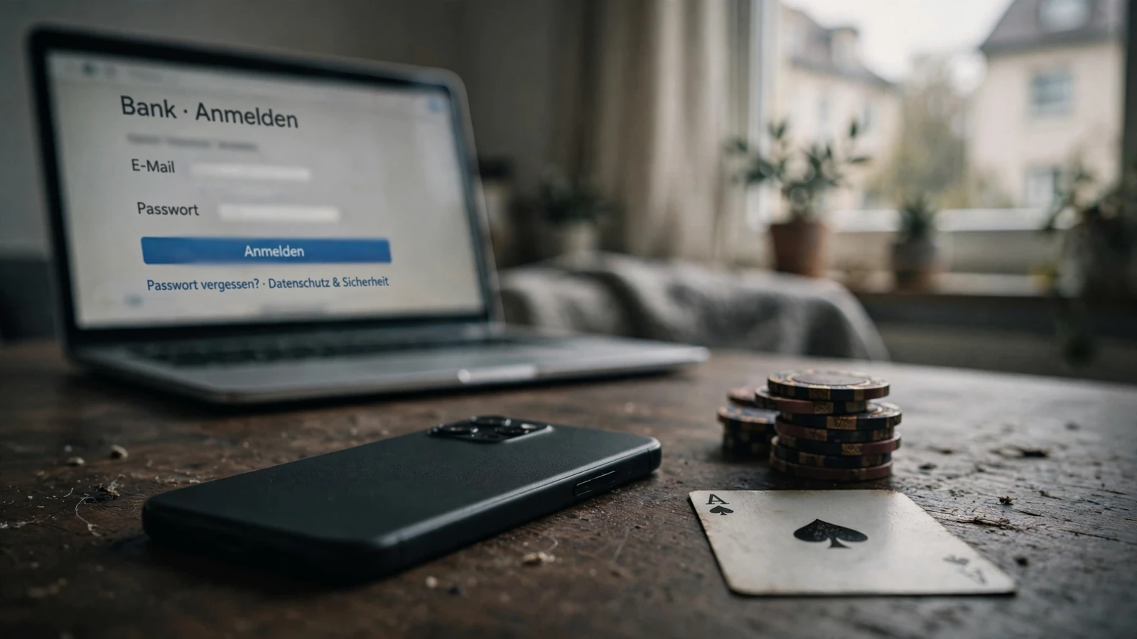 Smartphone neben Spielchips und einer Spielkarte auf einem Holztisch, mit Laptop im Hintergrund.