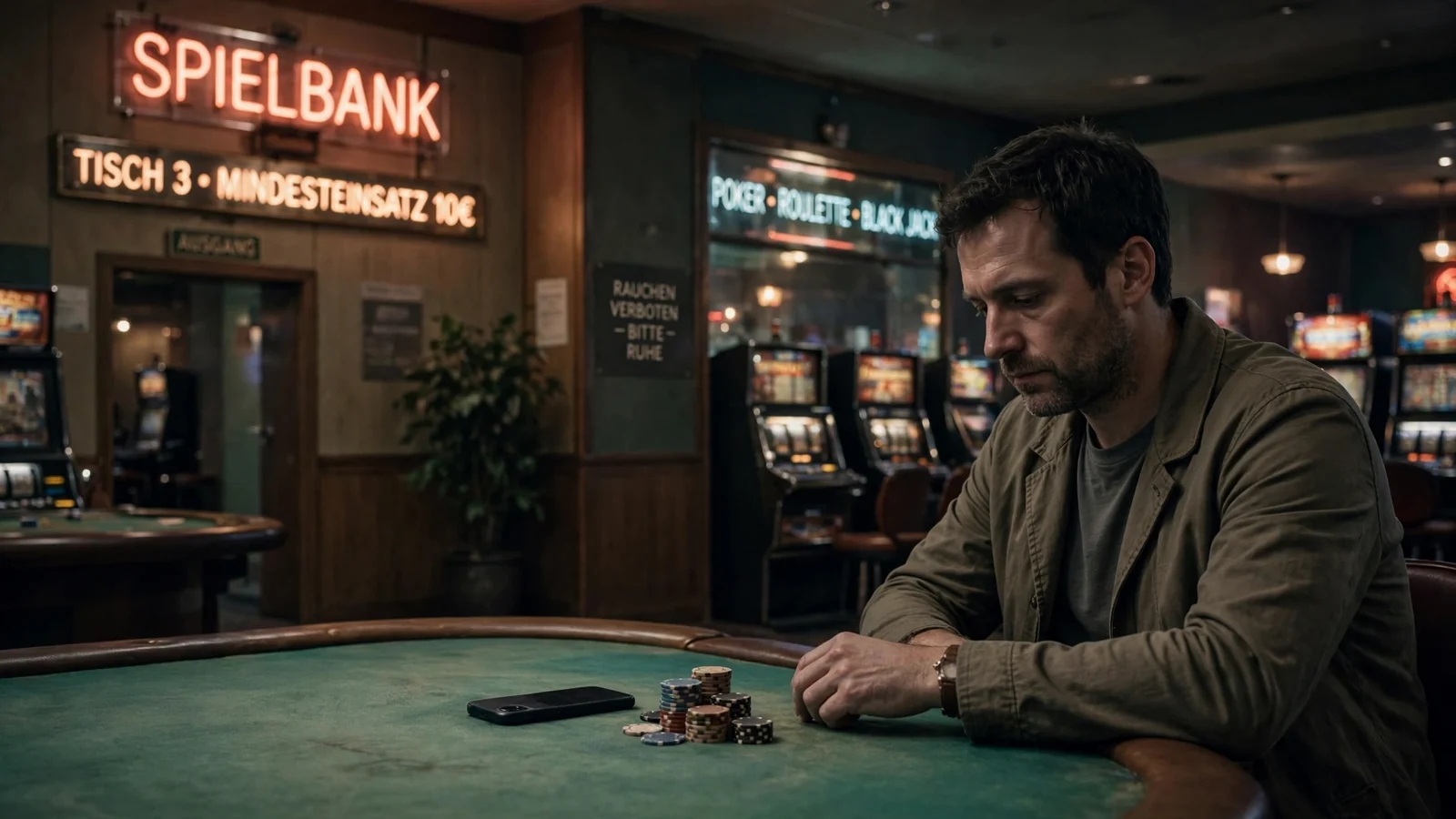 Spieler am Casino-Tisch mit Chipstapel und abgelegtem Smartphone in Spielhalle