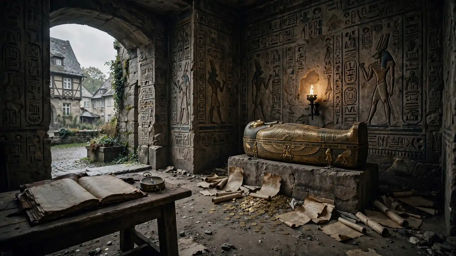 Steinige ägyptische Tempelkammer mit goldenem Sarkophag, Hieroglyphen und alten Schriftrollen.
