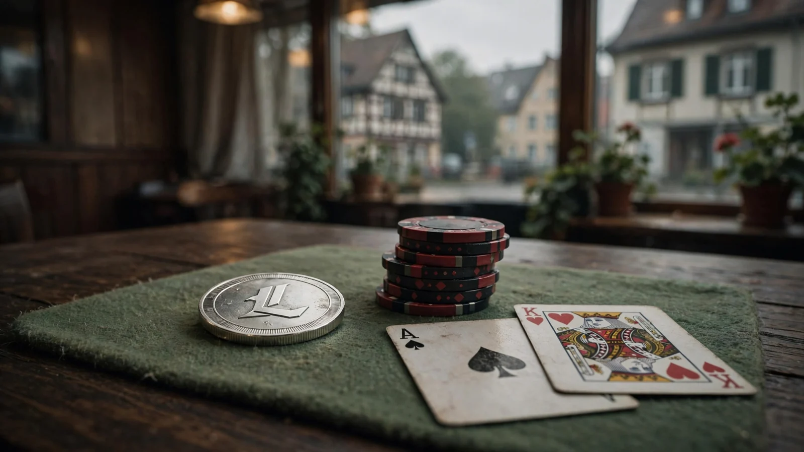Eine silberne Litecoin-Münze auf grünem Casino-Filz neben Poker-Chips und Spielkarten.