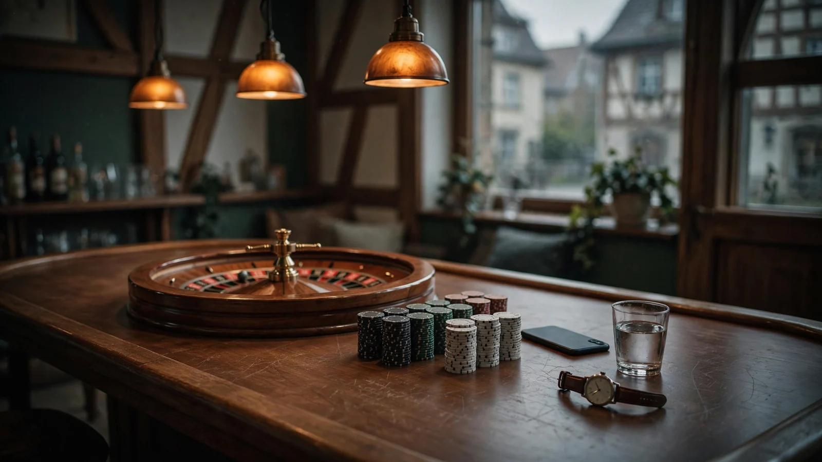 Casino-Tisch mit Roulette, Chips und abgelegtem Smartphone