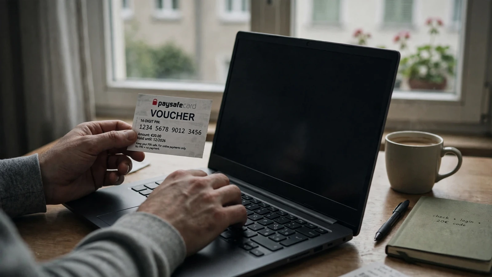 Hände geben einen Paysafecard-Code am Laptop ein.