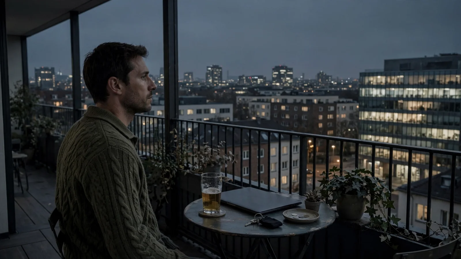 Person mit Laptop und Bier auf dem Balkon, deutscher Stadthimmel bei Nacht.